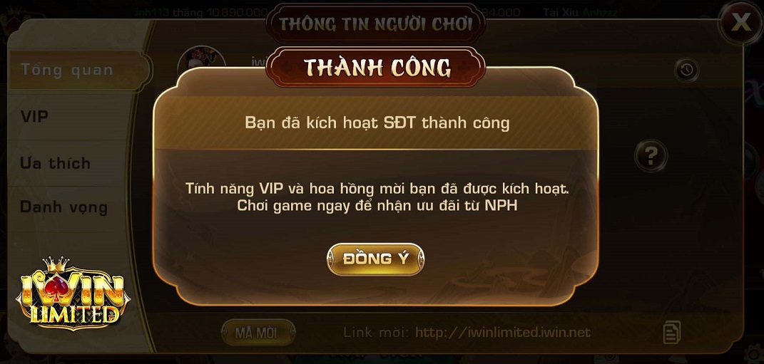 Thông báo kích hoạt SĐT thành công trên iWin